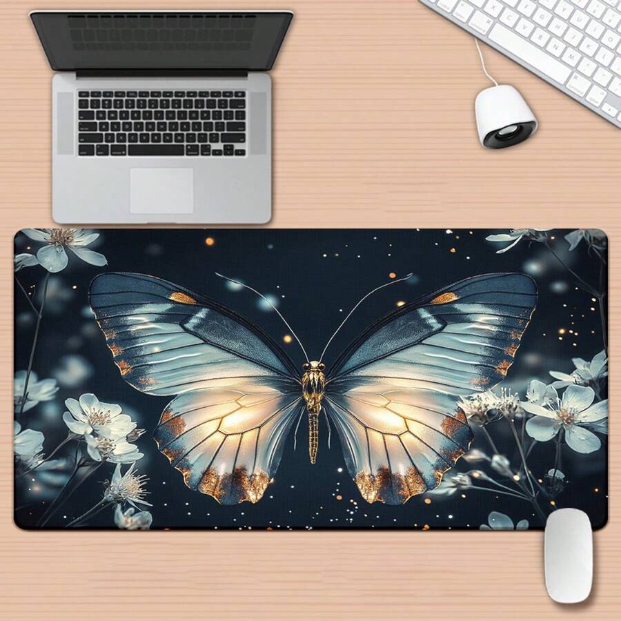 1 Large Butterfly With Dark Blue/Golden White Floral Table Mat| Non-Slip Rubber Gaming/Office Computer Mouse Pad With Glowing Butterfly Wings, Deep Sea Army Background, Suitable For PC/Laptop, Keyboard And Mouse Additions - Như hình minh họa. - Xem 1