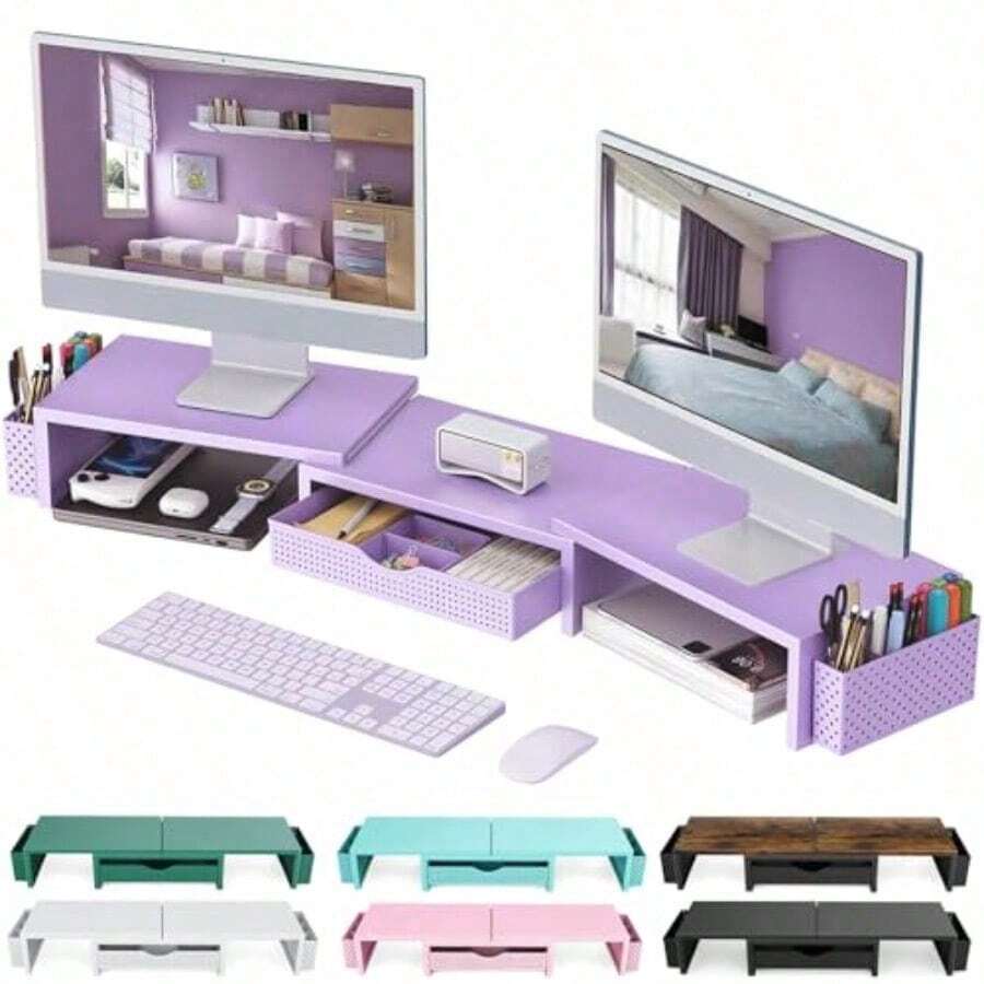 Gianotter - Soporte para monitor doble organizador de computadora con cajón y 2 soportes para bolígrafos rosa - Morado - Ver 1