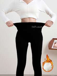 Winter Sport Tights High Waist Thick Wool Letter Embroidery Warm Velvet Thick Thermal Fleece Winter Women, Cozy(Multiple Styles And Colors, Randomly Dispatched) - Black - View 6