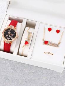 Women's Butterfly & Starry Sky Dial Leather Quartz Watch Set - Black - View 2