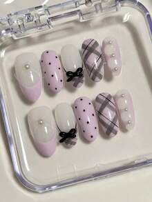 10pcs Short Oval Handmade Delicate Nail Art, French Purple Pearl Dotted Plaid Design Enhances Sweet Atmosphere, Rhinestone Decor Random Glossy False Nails Accessories - Multicolor - View 3