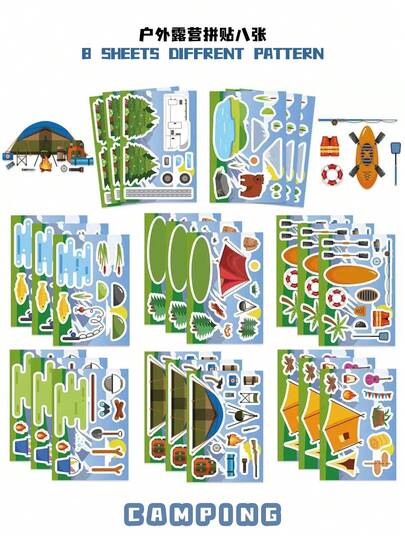 8pcs Cute Camping Cartoon Stickers Fun DIY Craft Kit, Waterproof Decorative Labels For Journal, Water Bottle, Laptop, Scrapbooking