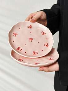 1个/2个法式可爱粉色蝴蝶结陶瓷餐盘，手绘釉面，西式牛排/意面盘，水果沙拉盘，甜点蛋糕盘，节日礼物，送女友的礼物