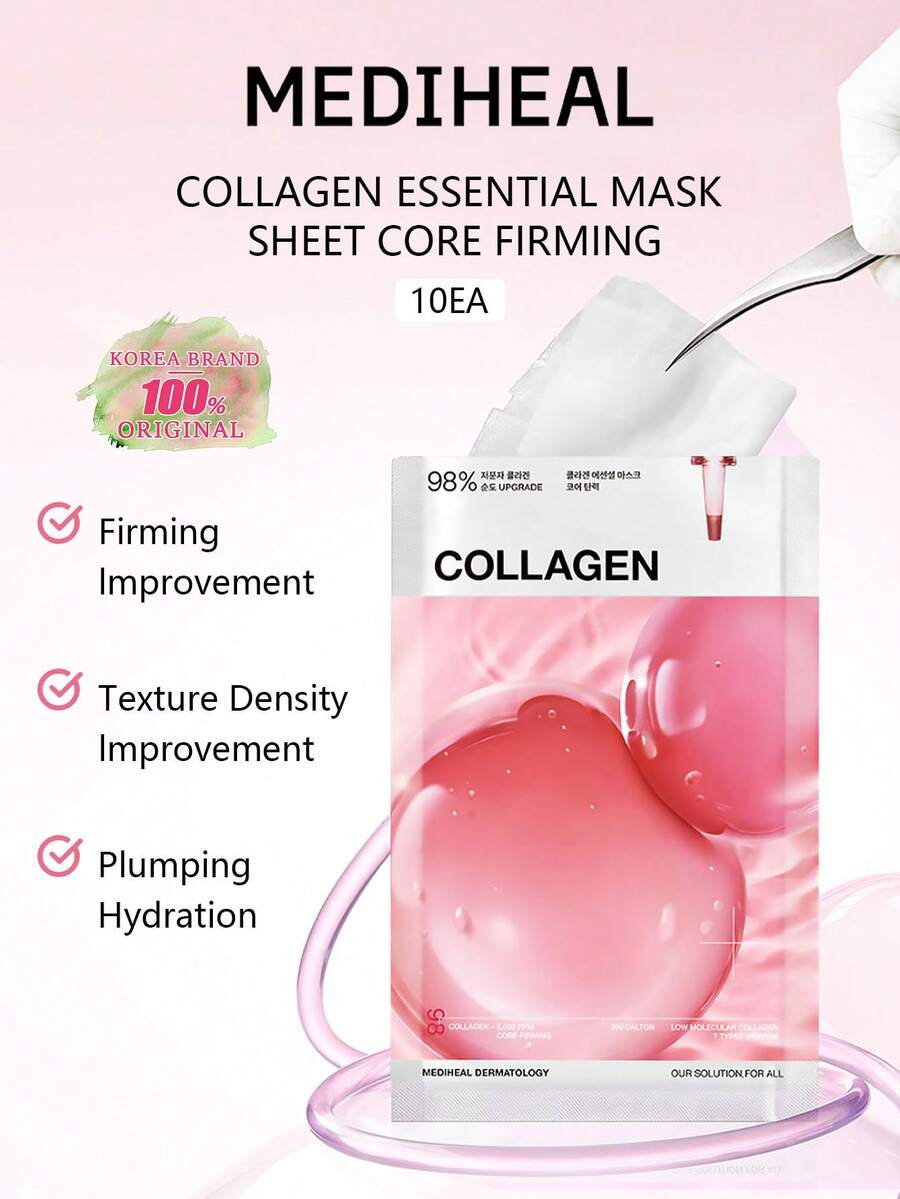 Mediheal 10片装胶原蛋白精华面膜，紧致弹力护理，深层补水面膜，纤维素面膜，韩国护肤品