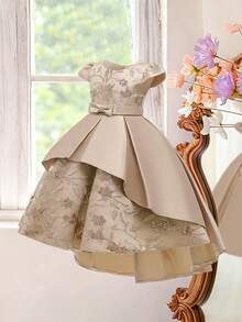 女童纯色缎面刺绣花朵蝴蝶结优雅花童礼服，不含头饰 - 金色 - 查看 3