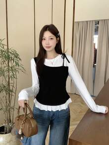 二合一圆领荷叶边修身系腰长袖T恤打底衫 - 白色 - 查看 8