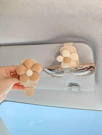 1pc Universal Car Visor Glasses Clip Flower, PU Material, Auto Eyeglasses Holder, Vehicle Interior Accessories, Eyewear Storage Bracket Summer Necessity Women Storage Organizer Travel