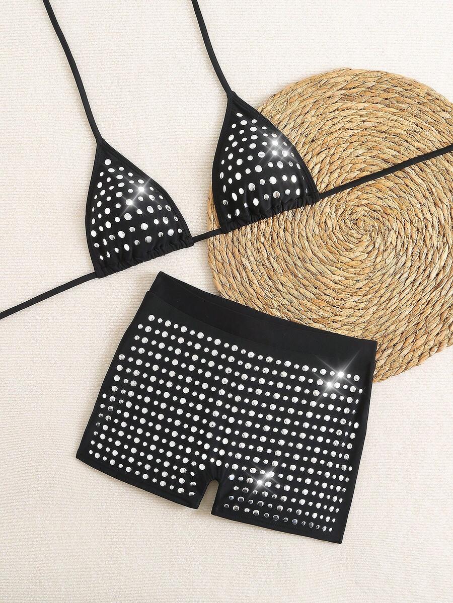 Summer Black Rhinestone Hanging Neck Shorts Swimsuit Two Pieces Set, Slim Fit Silhouette, High Elasticity Fabric, Sexy Vacation Beach Swimsuit - Black - View 1