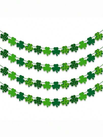 1set Felt Shamrock Clover Garland Banner - NO DIY, St. Patrick's Day Decorations - Buffalo Plaid Dark Green Light Green Happy St. Patrick's Day Banner For Home Mantel Office Irish Day Party Supplies