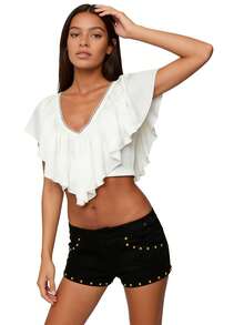 Women Ruffle Crop Top V Neck Frill Trim Tie Back Blouse Summer Going Out Top Shirts - 白色 - 查看 6