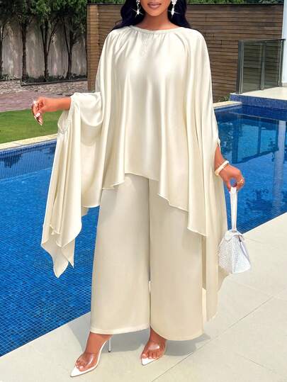AIJ Women Solid Color Simple Casual Extra Long Shirt + Wide Leg Pants