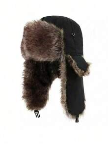 1pc Men's Black Windproof Earflap Hat, Thermal Lined Thermal Skully Cap Outdoor Sports, Winter Activities Casual Winter Outfits - màu đen - Xem 1