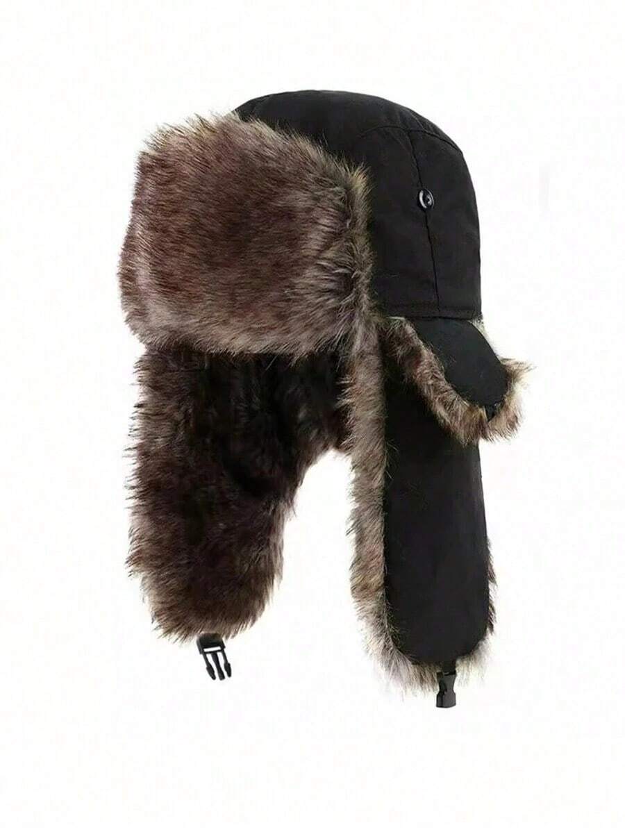 1pc Men's Black Windproof Earflap Hat, Thermal Lined Thermal Skully Cap Outdoor Sports, Winter Activities Casual Winter Outfits - màu đen - Xem 1