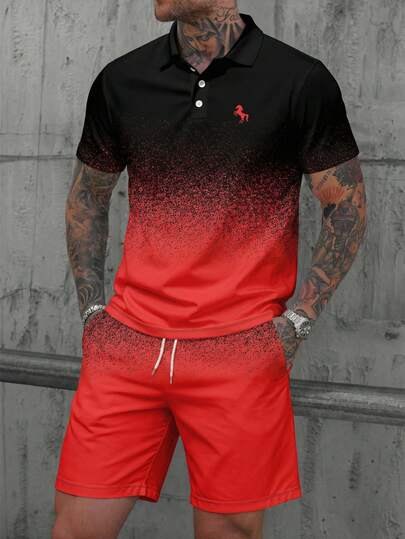 Men's Ombre Short Sleeve Polo Shirt And Solid Color Drawstring Waist Shorts Set