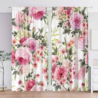 2 Stück weiche und frische rosa Rosenblüten Dekorations Vorhänge - Gardinenband Design für Privatsphäre und einfache Installation - perfekt für Fenster Zuhause, Gardinenband Stil