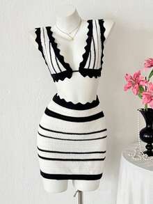 PUMPKIN Sexy Bohemian Style Color-Blocked Striped Crocheted Backless Knit Bra Paired With Ruffled Crocheted Mermaid Hem Fitted Mini Skirt Two Pieces Beach Vacation Swimsuit Cover-Up Valentine's Day Party - Black and White - View 6