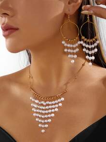 3pcs/Set Luxury Exquisite Smiling Faux Pearl Tassel Gold Necklace + Earrings Jewelry Set, Suitable For Men & Women, Holiday Party, Daily Wear, Carnival, Valentine's Day, Wedding, Back To School, Jewelry Gift - Multicolor - View 2