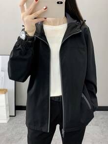 Women's Solid Color Long Sleeve Zipper Front Hooded Loose Soft Shell Jacket Black Spring - Black - View 5
