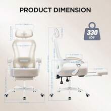 Silla ergonómica de oficina con reposapiés silla de computadora reclinable ultra gruesa con soporte lumbar ajustable 2D y reposacabezas para la cabeza cojín de resorte silla de computadora de malla - Crema Blanco - Ver 2