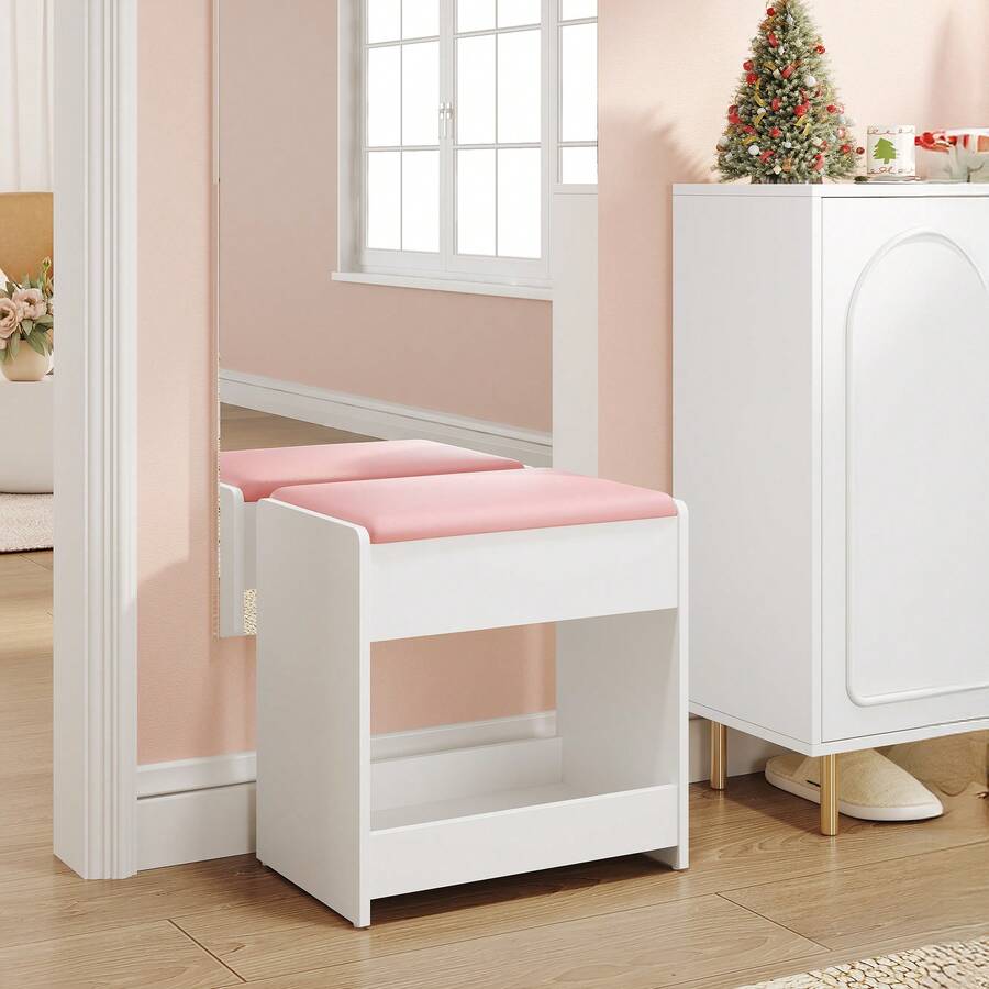 HaluPeit Dressing Table Stool, Soft Padded Vanity Stool, Makeup Chair With Non-Slip Foot Pads For Dressing Room, Bottom Storage, Bedroom, Entryway - Pink - View 1