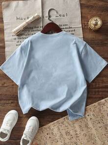 Tween Girl Capybara Print Round Neck T-Shirt, Summer Top - Baby Blue - View 4
