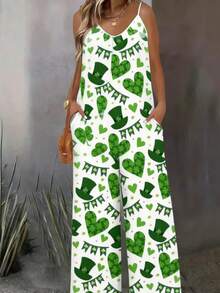 Women's Saint Patrick's Day Jumpsuit: Comfy Spaghetti Strap V-Neck Wide-Leg Romper With Side Pockets, White With Green Holiday Motifs For Festive Outfits & Spring Celebrations. - 混合色7 - 查看 2