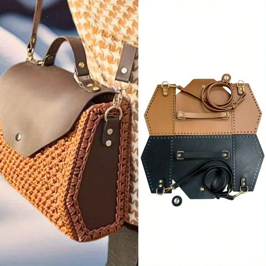 5pcs Crochet Bag DIY Kit, Tote Bag Making Tools, Square Tote Bag, Brown, Black, DIY Crochet Bag Supplies, Handmade Woven Bag, Includes Cover + Strap + Side Panels, Easy To Make, Women Tote Bag DIY, Bag Making Accessories, Holiday Gift, Christmas Gift, Thanksgiving Gift - A - View 1