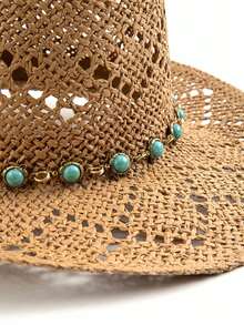 1pc Unisex Gemstone Decor Western Cowboy Hat, Hollow Print Straw Hat, Spring/Summer Travel Sun Beach Hat, Casual Sun Hat (After Receiving The Product, If The Brim Is Deformed, It Needs To Be Manually Adjusted Back)