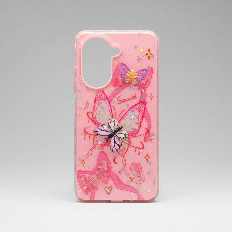 Funda Para Xiaomi Redmi A5 | Poco C71 Protector De Uso Rudo De 3 Piezas Mujer Brillos + Mica - Rosa Mariposa - Ver 1
