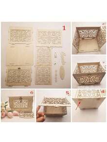 1pc Wedding Card Box With Unique Hollow-Out Design, Reception Envelope Box With Lock And Slot, DIY Hollow Wooden Box Suitable For Wedding Party, Anniversary, Birthday Party, Christmas - Wood Color - View 5