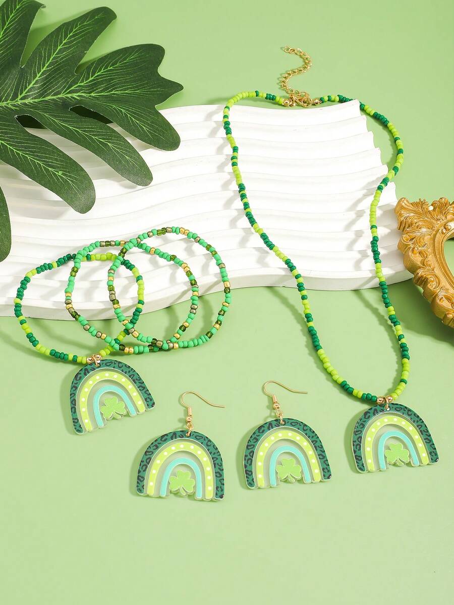 Conjunto de joyas hechas a mano para el Día de San Patricio, accesorios casuales para fiestas con arcoíris de acrílico y trébol de dibujos animados
