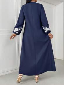 Women's Floral Print Lantern Sleeve Button Half Placket Loose Arabic Dress - Navy Blue - View 2