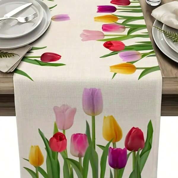 Easter Celebration Table Flag - Vivid Tulip Pattern For Indoor/Outdoor Dining And Parties, Polyester, Rectangle
