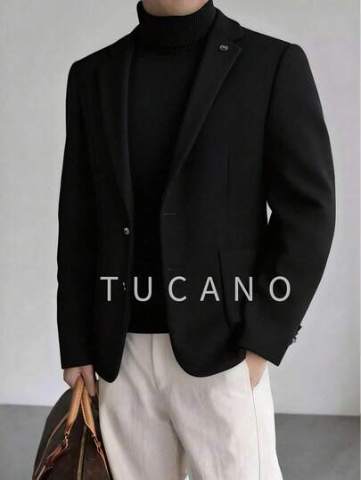 Tucano Men's Black Single-Breasted Business Suit, Notched Lapel, Double-Button Design, Refined Lapel, Slim Fit, Suitable For Office Meetings, Daily Commute, Essential Item For Polished Business Casual Attire.