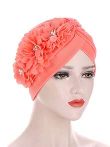 1pc Women's Headscarf Hat, Pleated Watermelon Hat With Three-Flower Fashion Turban Headscarf Hat Hair Sleep Cap - Color - View 18