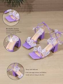 Giày sandal cao gót nữ, mũi vuông, gót dày, màu tím thời trang và gợi cảm, buộc dây, thanh lịch và thoải mái, thích hợp cho tiệc tùng và dạ hội mùa hè, trang trí hình bướm. - Màu Lilac Tím - Xem 8