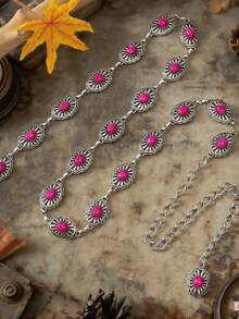 1pc Women's Vintage Bohemian Style Simple Hollow Floral Turquoise Waist Chain, Suitable For Spring, Summer, Autumn, Winter Outfits, Holidays, Daily Wear - Plum Red - View 2