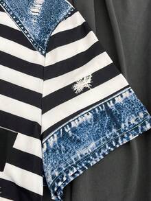 Women's Fashion Loose Casual Contrast Striped Denim Style Short Sleeve Shirt Summer - Multicolor - View 9