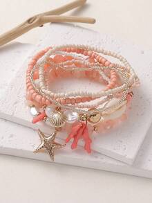 7pcs/Set Pink Series Girly Beach Vacation Style Shell, Starfish & Bead Elastic Bracelet Set, Suitable For Women's Vacation & Daily Wear (Handmade Beading, Bead Quantity And Sequence Position Random) - Pink - View 6