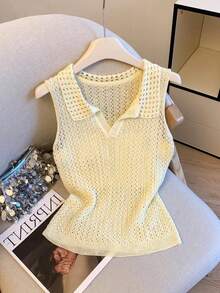 Women's Casual Crochet Hollow Out Sleeveless Knit Tank Top - Yellow - View 2