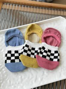 3/6双装女士船袜，经典格纹设计，春夏新品，针织面料，休闲百搭，适合日常穿着、居家、通勤、上学、约会、节日礼物 - 彩色 - 查看 5