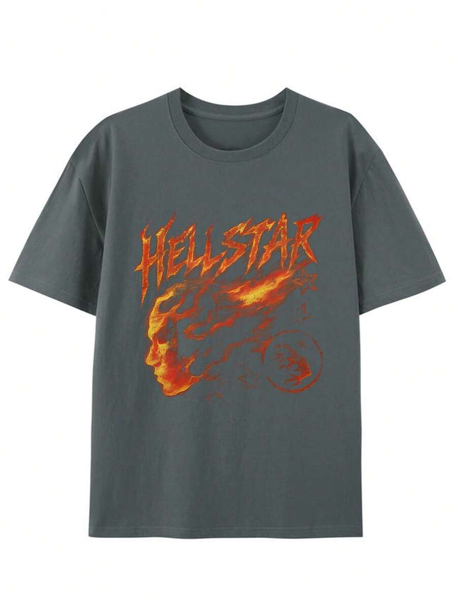 Flame Face Combined With Stars Creative All-Matching Street Print Pattern Personality Design(220g Cotton T-Shirt) 100% Cotton Fabric-Simple And Versatile Round Neck Breathable Short Sleeve, Summer Men's Shirt, Breathable Cotton, Suitable For Outdoor Leisure Activities. - Xám - Xem 1