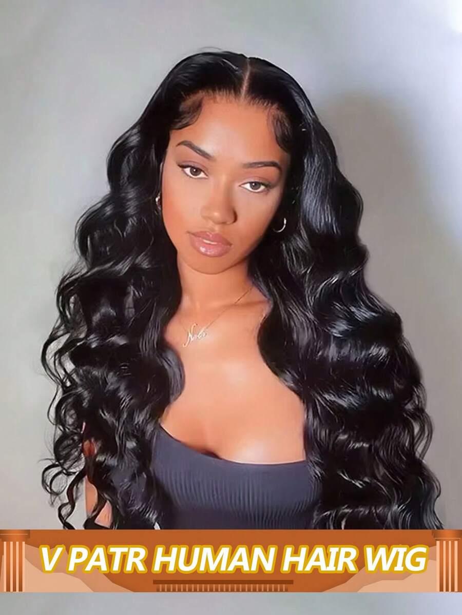 Peluca de cabello humano ondulado con parte en V, densidad del 150%, sin pegamento, fácil de usar, adecuada para uso diario de mujeres, extensión de cabello invisible - Natural Black - Ver 1