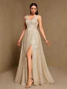 Đầm dạ hội thanh lịch đính sequin cổ chữ A xẻ cao, cổ chữ V dành cho nữ, thích hợp cho các dịp trang trọng như đám cưới, lễ tốt nghiệp, tiệc tùng. - Rượu sâm banh - Xem 8
