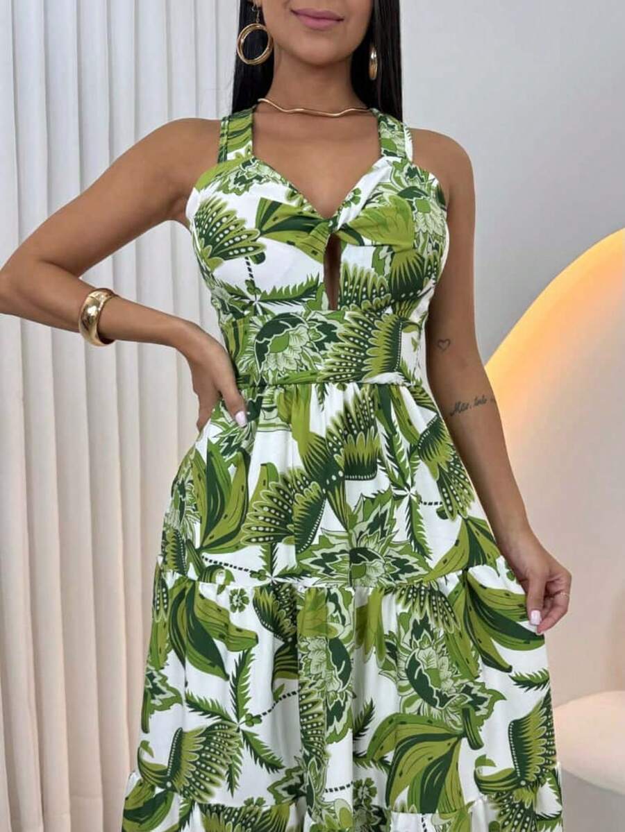 Women's Long Dress With Butterfly Knot - 綠色印章 - 查看 1