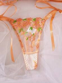 Women'S Sexy Lingerie Set With Double-Color Embroidered Lace Trim, Exotic And Very Sexy Underwear, Adult Novelty Wear, Mature Style, Random Print Pattern, Hollow Details, Lingerie Sets For Women, Lingerie Set With Garter, Exotic Bra, Purple Lingerie Set, Purple Lingerie - Orange - View 6