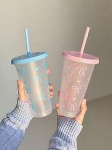 1pc/5pcs/10pcs 24oz Powder Blue Bow Tumbler With Lid And Straw, Reusable, Cute Transparent Cup, Suitable For Birthday, Wedding And Party Supplies, Reusable With Pink Ribbon, Summer Beverage Cup, Suitable For Birthday, Wedding And Party Supplies, Perfect For Party, Drinking, Coffee, Also Suitable For Mother's Day, Wedding, Birthday, Bachelorette Party Or As A Gift - Multicolor - View 3