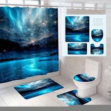 Juego de 4 piezas para el baño con diseño de cielo nocturno polar - Alfombra de baño antideslizante, alfombra en forma de U para el inodoro, tapa del inodoro, 12 ganchos - Decoración para el baño - Multicolor - Ver 2