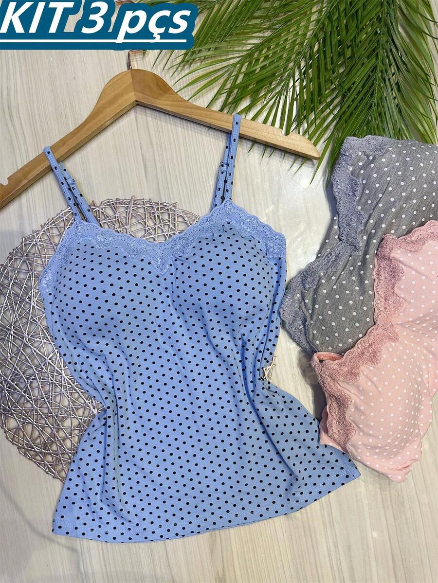 Set Of 3 Polka Dot Tank Tops With Built-In Bra Cups, Made Of Pretty Viscose/Lycra Fabric. - Light Blue + Gray + Light Pink - View 1