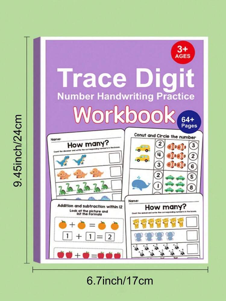 Cuaderno de ejercicios de matemáticas de 64 páginas, con elementos de transporte, animales del bosque, vida marina y frutas/plantas, lo que permite una rápida identificación por parte de los padres/educadores. Adecuado para el desarrollo de la numeración temprana en el hogar, las escuelas, los estudiantes, la papelería, los útiles escolares y la temporada de regreso a clases. - Multicolor - Ver 9